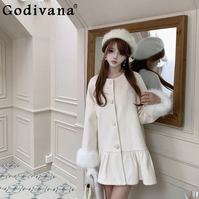Original New Slimming Warm Jackets for Women Gentle Off White Collarless Woolen Coat Female Japanese Style Lolita Coat