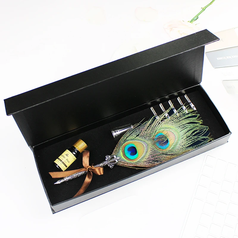 

1set Retro Vintage Calligraphy Peacock Feather Dip Pen Writing Ink Set Stationery Quill Fountain Pens Creative Vintage Pen