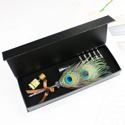 1set Retro Vintage Calligraphy Peacock Feather Dip Pen Writing Ink Set Stationery Quill Fountain Pens Creative Vintage Pen