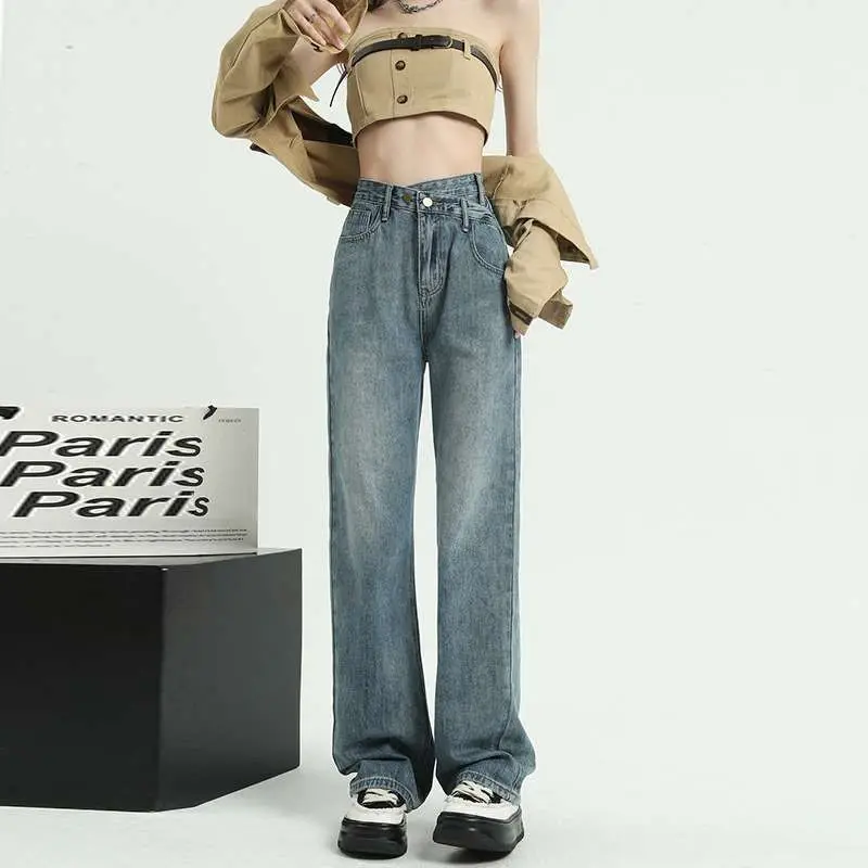 

Винтажные прямые джинсы с высокой талией, женские дизайнерские джинсы Sense Clean Fit с водной талией, средняя эластичная ткань из искусственной кожи, весенняя коллекция