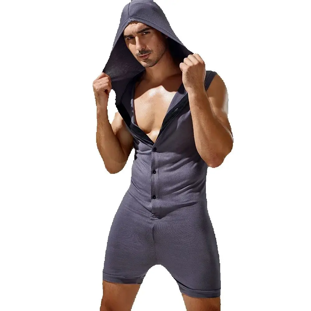 Men's Sexy One Piece Bodysuit Sleeveless Hooded Button Modal Jumpsuit Male Elastic Tight Fitting Short Pants Pajamas Jumpsuits