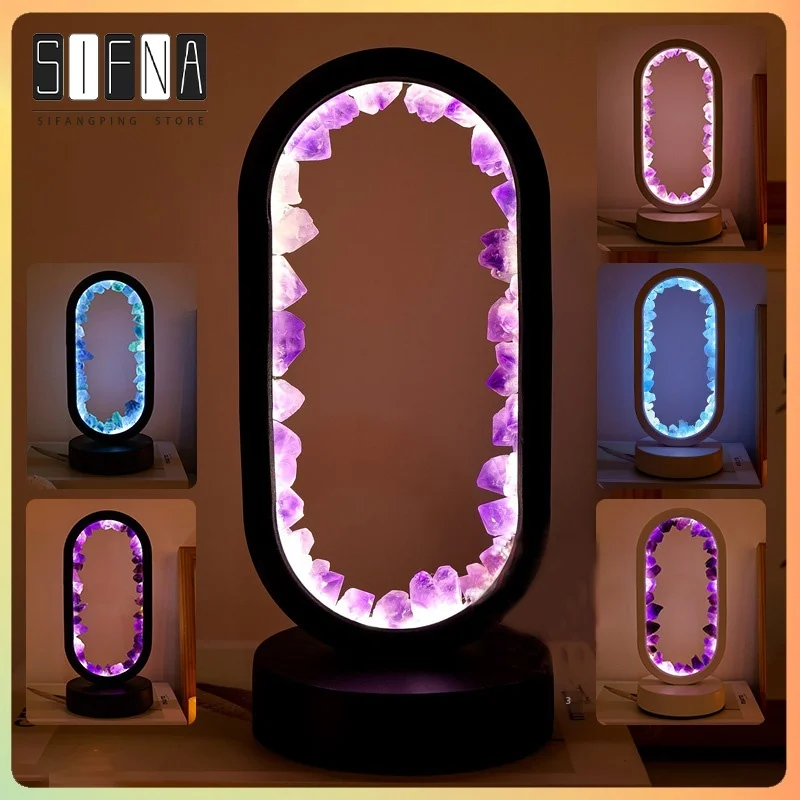 

Natural Amethyst Raw Stone Oval Shaped Atmosphere Small Night Light Decoration Ornament Usb Interface Bedside Lamp Desktop Desk