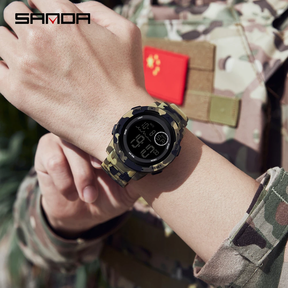 SANDA 2185 موضة ساعة إلكترونية للرجال التمويه العسكرية كول متعدد الوظائف مقاوم للماء ساعة رجالي ساعة تنبيه 2025