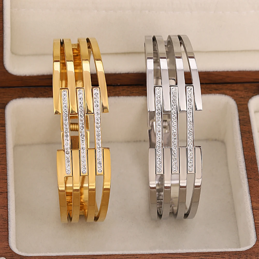 Lifefontier Exquisite Zircon Stainless Steel Bracelets For Women Gold Color Irregular Line Rhinestone Wrist Bangles Jewelry