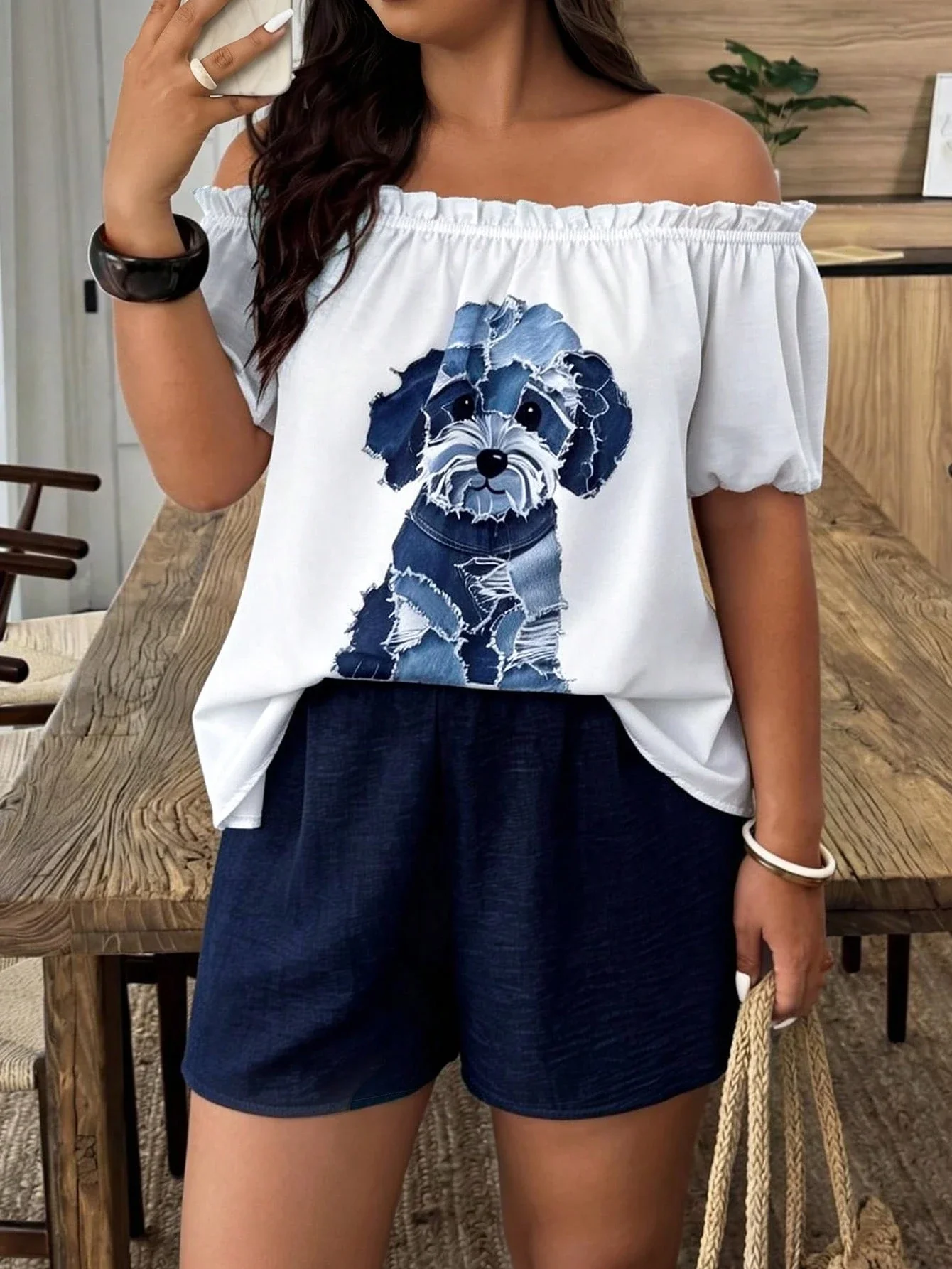 Plus Size Women Off Shoulder Dog Print Denim Effect Top And Shorts Set Casual Spring Summer