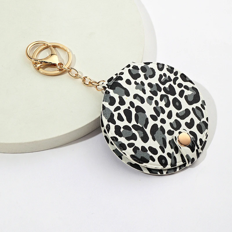 Leopard print makeup mirror keychain pendant with PU leather double-sided mirror Key Chains for bag decoration