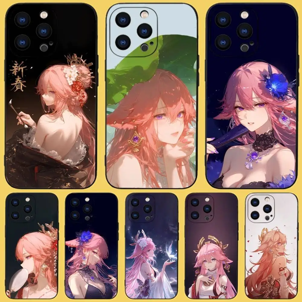 

G-Genshin Y-Yae Miko Phone Case For iPhone 16,15,14,13,12,11,Pro,XS,Max,XR,Plus,E,SE4,Mini Black Fashion Cover