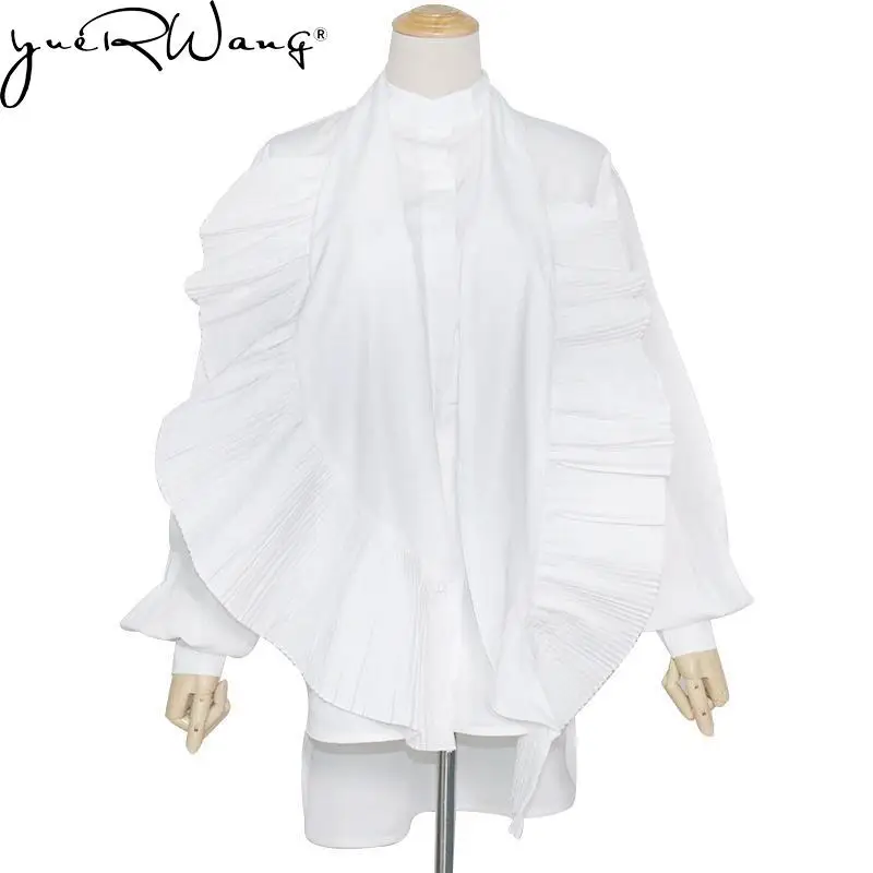 

Yuerwang Women Blouse Cotton White Shirt Irregular Pleated Shirts Long Sleeve Loose Ladies Tops Fashion Long Shirt Spring 2022