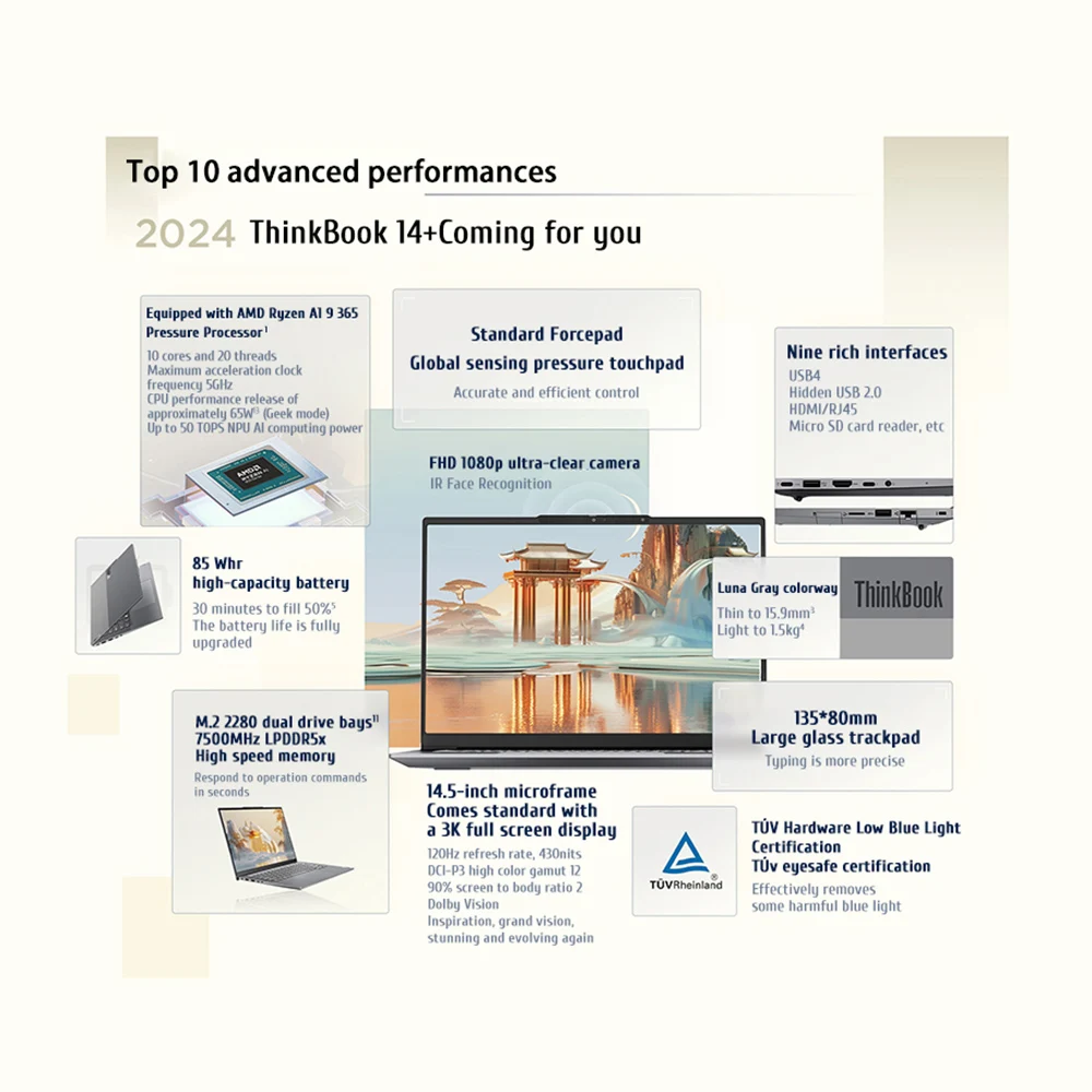 كمبيوتر محمول Lenovo ThinkBook 14+ 2024 AI AMD Ryzen AI 9 365 RAM 32GB 1TB SSD Core Graphics 14.5 بوصة 3K LED 120 هرتز شاشة كمبيوتر محمول