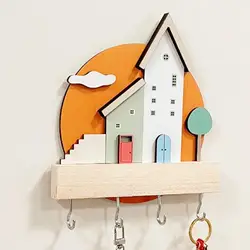 Creative Cartoon Solid Wooden Key Holder Decoration Sturdy with 4 Hooks Key Hanger for Home Bedroom Office Entrance Decor Shelf