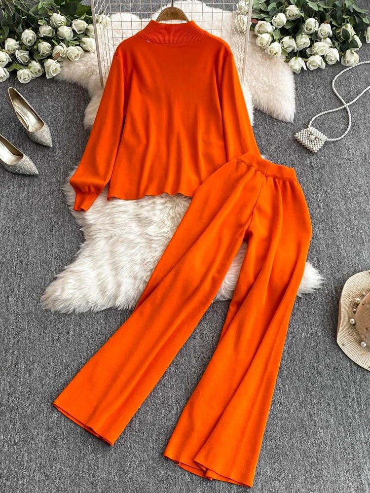 Korean style outfit slim sweater knitted suit for women 2024 winter new casual high waisted wide leg pants two-piece set