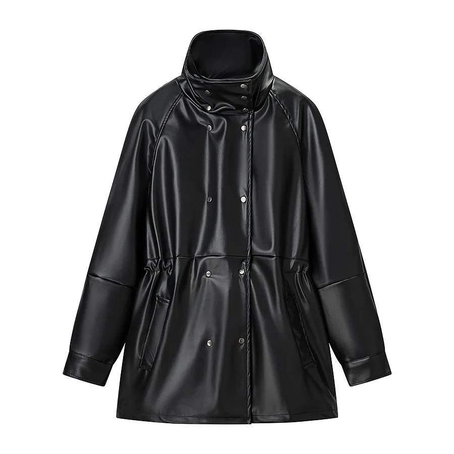 

Women's Loose Jacket Faux Leather Stand Collar Long-sleeved Single-breasted Drawstring Pleated Overcoat Commuting Winter New Top