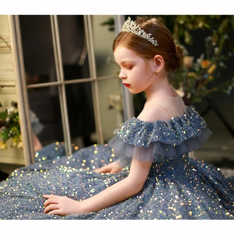 Girls First Communion Dress Girl Wedding Sequins Dresses for Kids Piano Performance Vestidos Children Pageant Princess Ball Gown