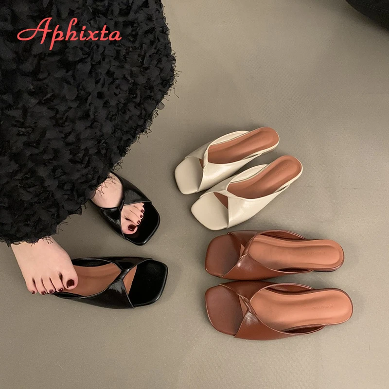 Aphixta Braun Concise Slides Frauen Sommer Strand Schuhe Flache Mit Ferse Hausschuhe Schuhe Frau Karree Mulers Außerhalb Frau Schuhe
