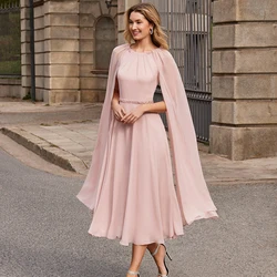 Elegant Mother of the Bride Dress for Weddings Pink Scoop Beading Belt Sleeveless Tea Length A Line Women's Wedding Guest