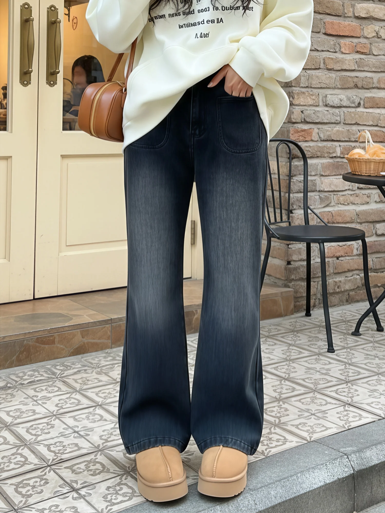 

Женские джинсы больших размеров с флисовой подкладкой, расклешенные, в американском ретро-стиле, с высокой талией, из смесового хлопка, для фигуры типа «груша», зимние, новинка