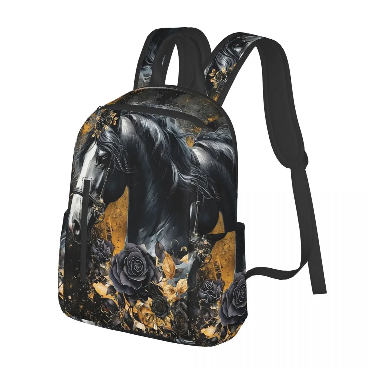 Flowers Surround Black Horse Print Student Backpack School Bag Hiking Travel Daypack for Boys Girls Bookbag Shoulder Bags