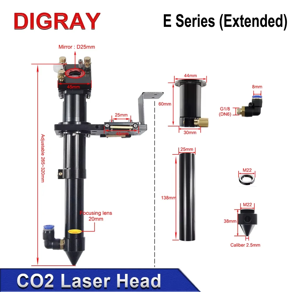 DIGRAY CO2 Laser Head E Series (Extended) for Lens D20MM FL50.8 & 63.5 Mirror 25MM for Laser Engraving and Cutting Machine.