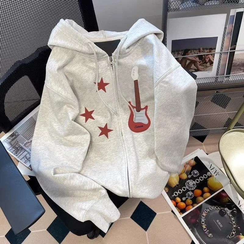 

Large Size 300 Pounds Lazy Style Guitar Print Hoodie Sweatshirt Unisex Spring Autumn Winter Korean Style Versatile Hooded Jacket