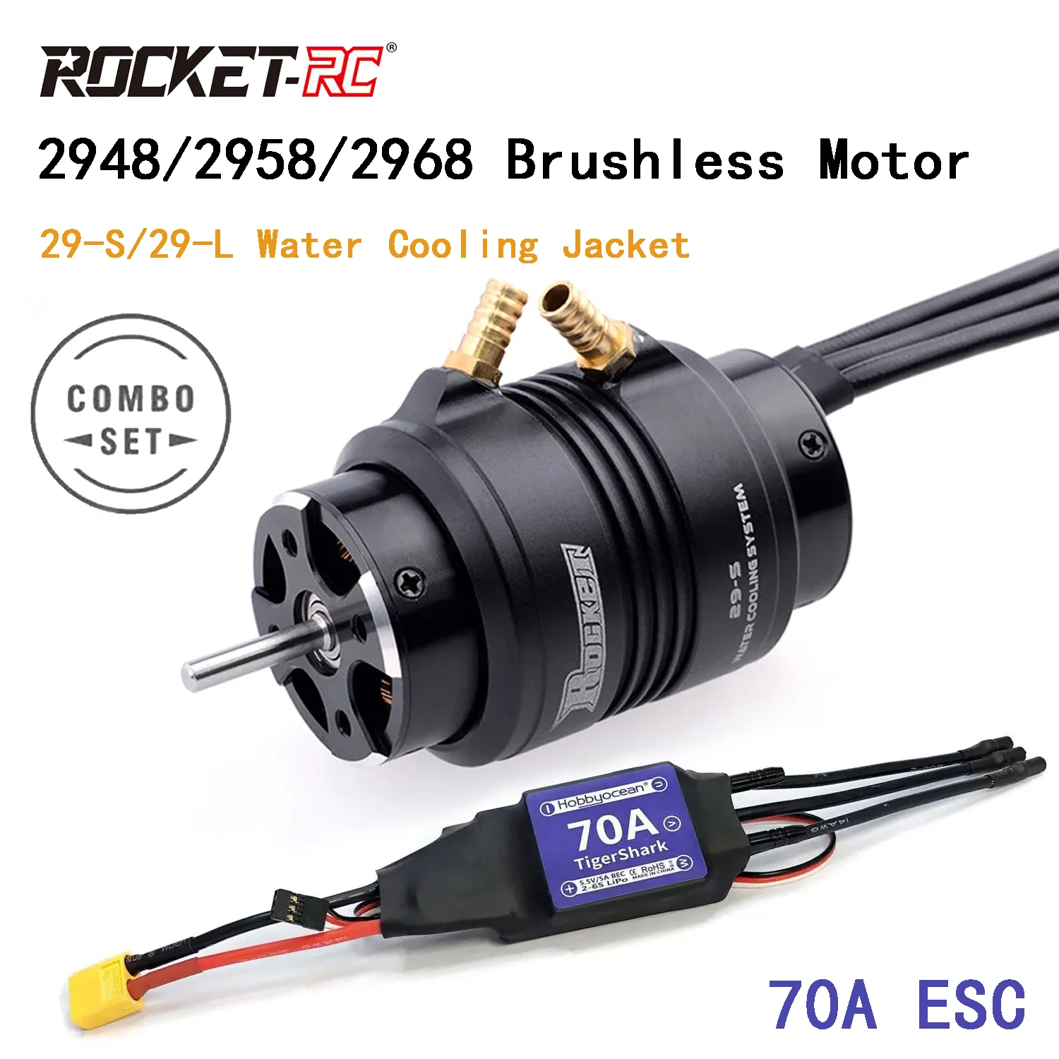 

ROCKET-RC 2948/2958/2968 Brushless Motor 70A ESC with 29-S/29-L Water Cooling Jacket Combo for 600-800mm RC Boat Traxxas Blast