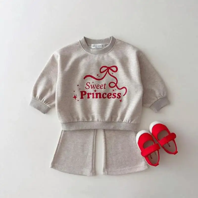 2026 Autumn New Children Long Sleeve Casual Clothes Set Girls Letter Print Bow Sweatshirt + Pants 2pcs Suit Toddler Outfits