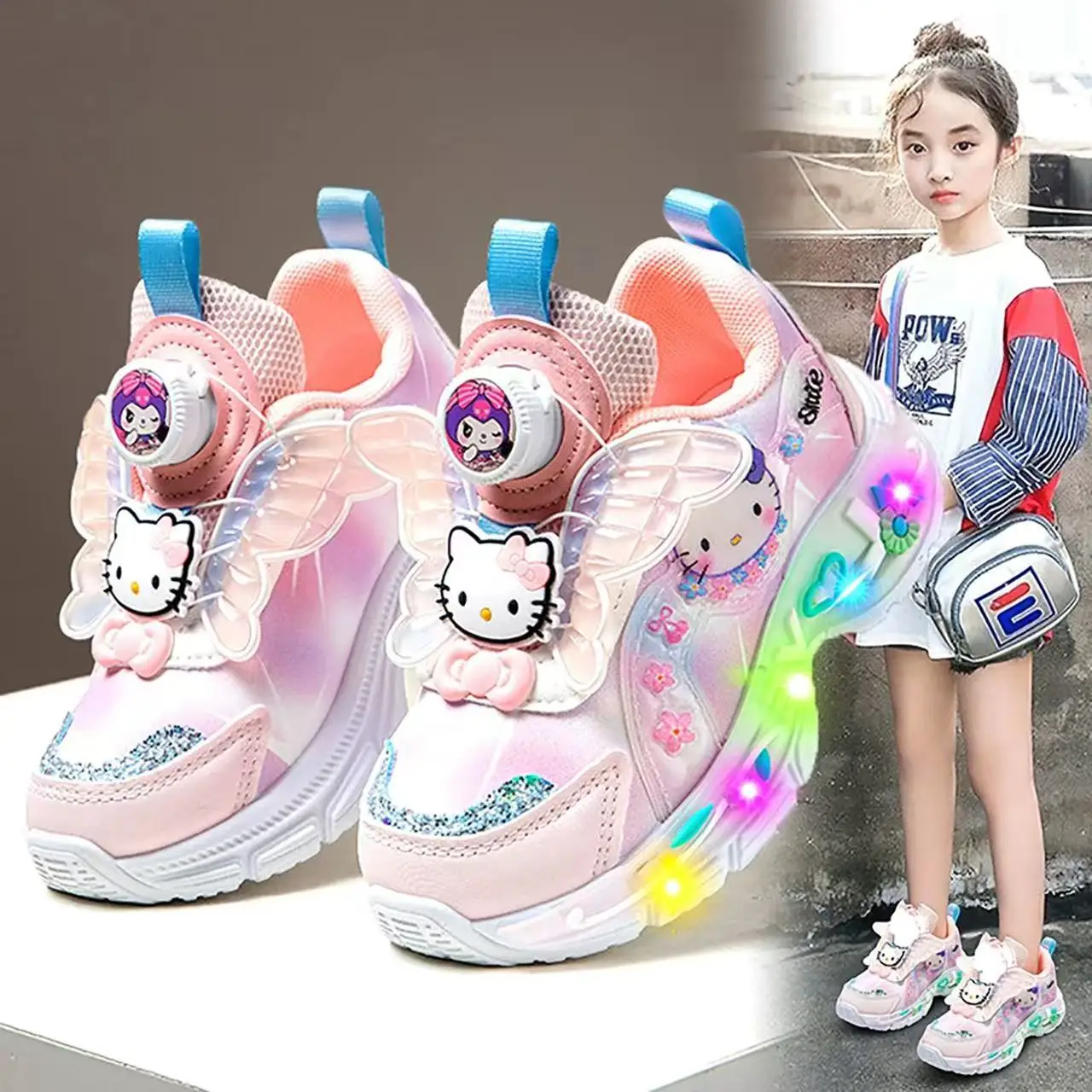 

Anime Hello Kitty Girls Running Shoes Luminous Leather Breathable Anti-Slip Cartoon Sports Sneakers for Kids Casual Gift