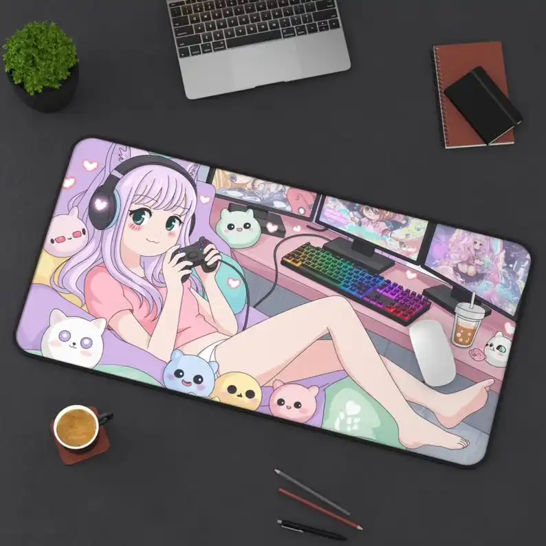 

Cute Gaming Girl Desk Mats, Pastel Anime Gaming Mouse Pads XXL, Cute Otaku Aesthetic Mouse Pad, Aesthetic Desk Decoration