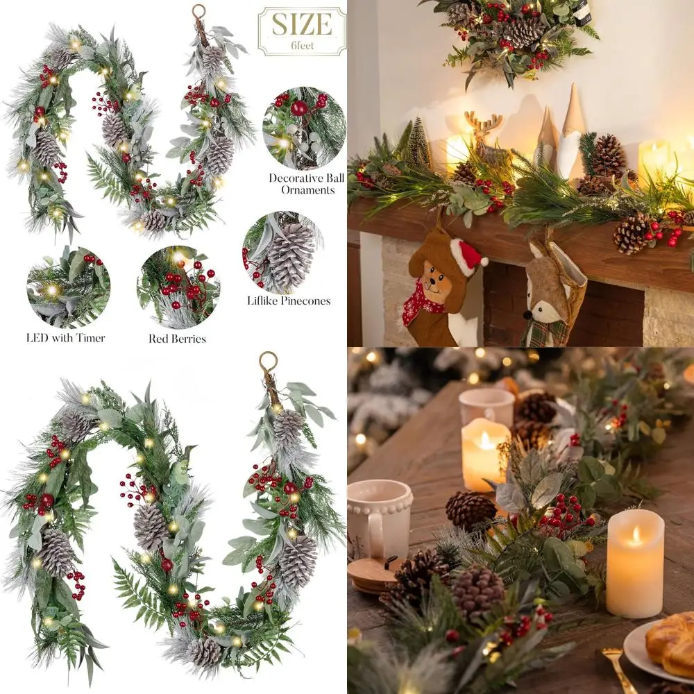 

6-футовая предварительно освещенная рождественская гирлянда из красных ягод с шишками для каминной, лестницы, камина или центральной части стола — внутренняя/наружная D