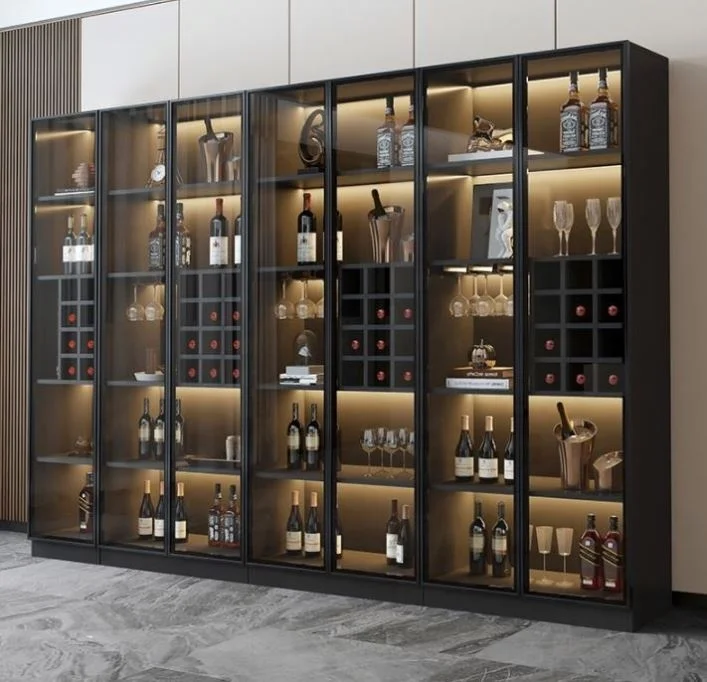 

Modern Wooden Display Wine Cabinet Glass Door Bar Cabinets Black Color Bar Cabinet With LED Light