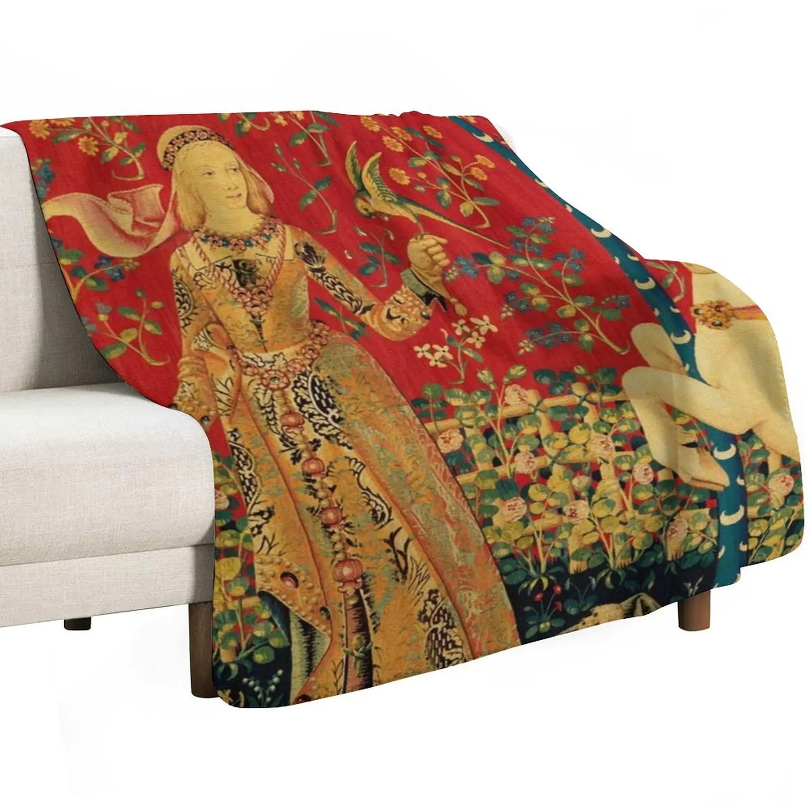 LADY AND UNICORN Taste Detail ,Red Green Fantasy Flowers,Animals Throw Blanket Flannel Fabric Multi-Purpose Warm Blankets