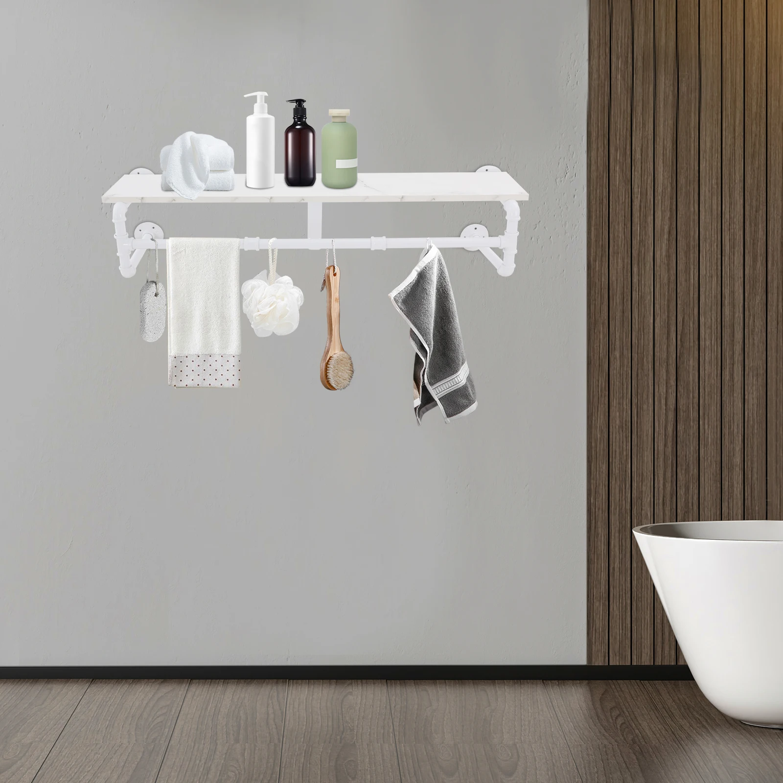 

Wall Coat Rack with Shelf Kitchen Shelf with Four Bases Wall Mounted Industrial Pipe Style Shelf to Hang Coats and Hats Handbags