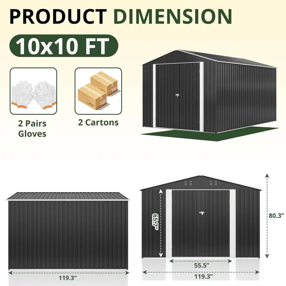 10x10 FT buitenopslagschuur, tuinschuur met bijgewerkte framestructuur en afsluitbare deuren