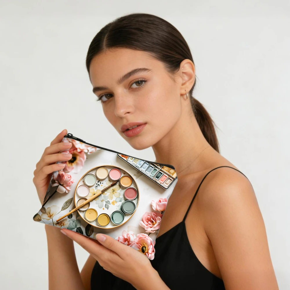Floral Pattern With Pink Roses Makeup Bags for Girls Cosmetic Pouch Toiletry Bag Pencil Case Travel Storage
