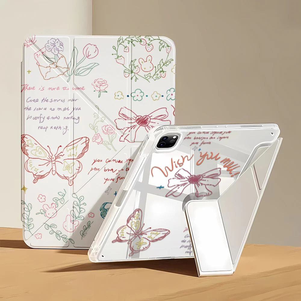 Y-Fold Edge High Clarity Tablet Case for Apple iPad Pro 11 2021/2022 mini 6 8.3 inches  Pencil Holder Doodle Butterfly Envelope