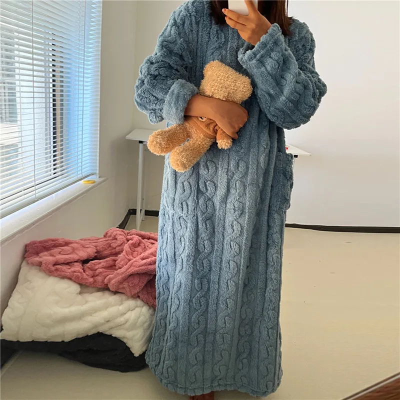 New Coral Velvet Nightgown Women Long Sleeve Double Pocket Sleeping Dress Loose Solid Color Thickened Sleepwear For Warm Winter