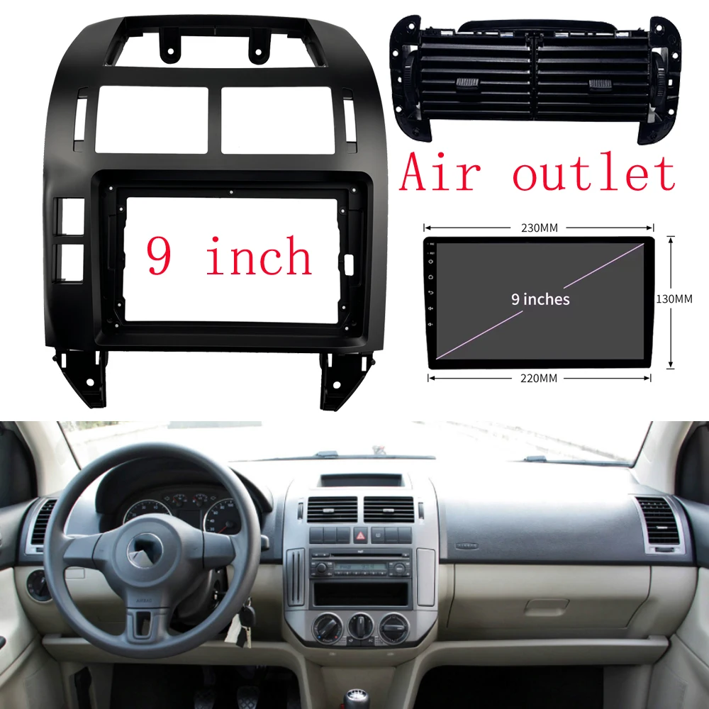 Marco de DVD para coche de 9 pulgadas, adaptador de montaje de Audio, Panel de ajuste de tablero, 9 pulgadas para Volkswagen POLO 2004-11, salida de aire del panel de instrumentos