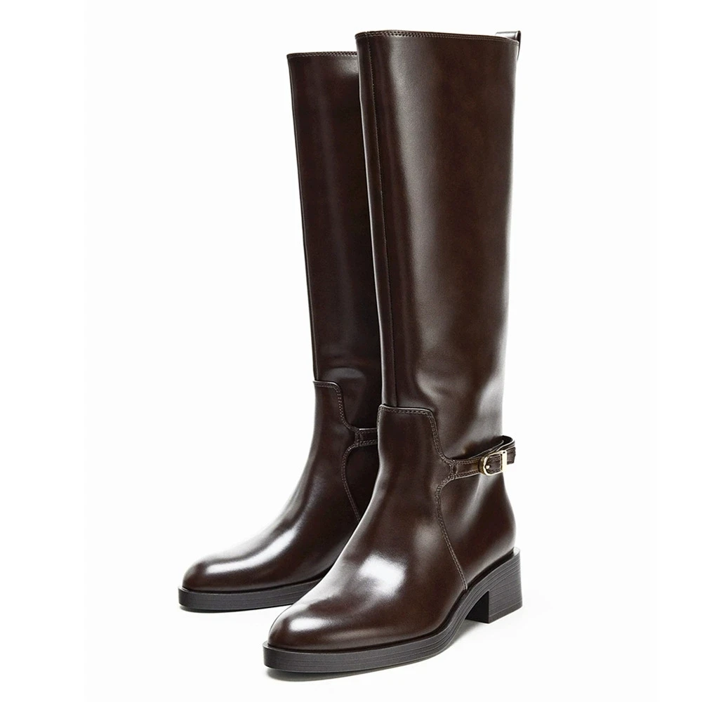 

Winter New Equestrian Knight Boots Round Toe Flat Bottom Slip-On Knee-High Women'S Boots Fashionable Casual Elegant Long Boots