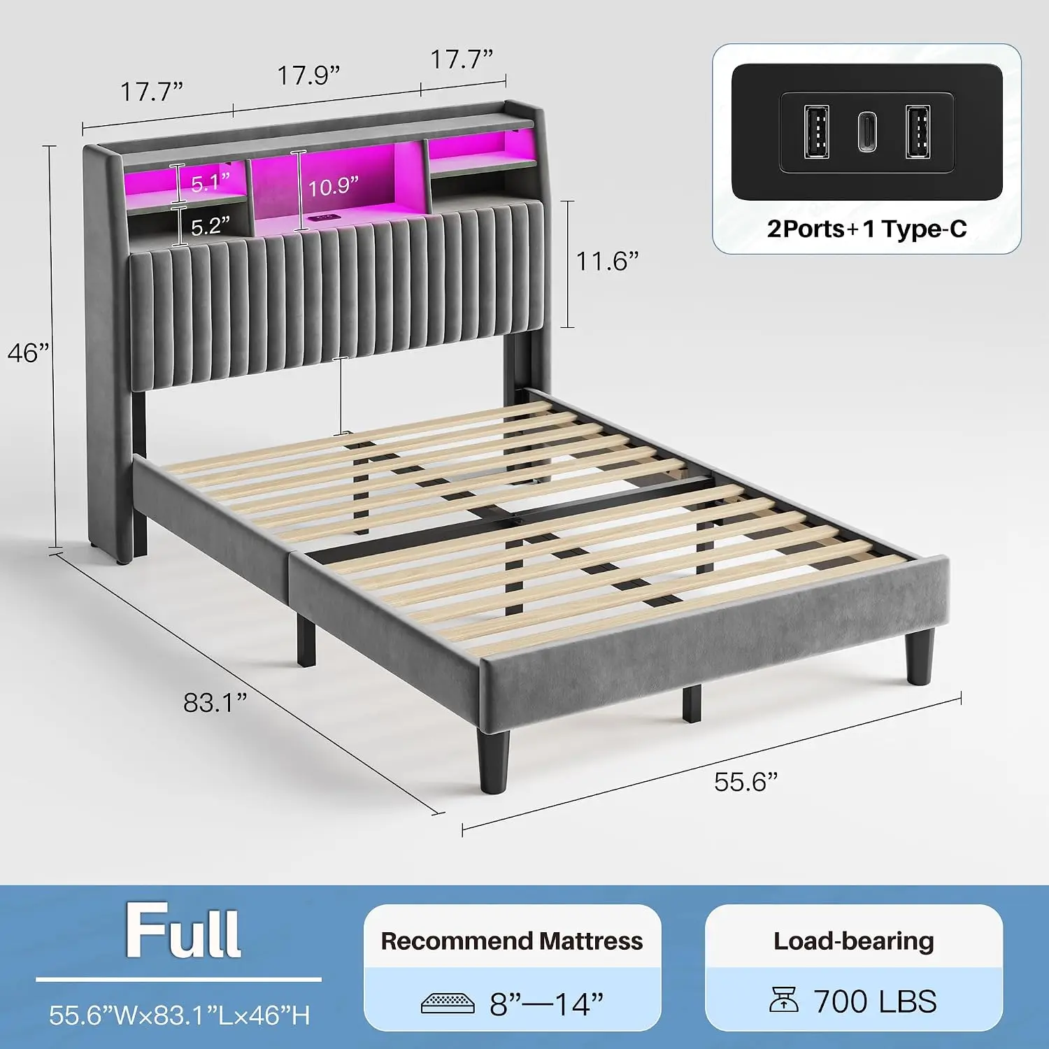 Velvet Upholstered Full Bed Frame with Charging Station & LED Lights, Storage Shelf, Wooden Slats, 700 lbs Support, No Box Sprin