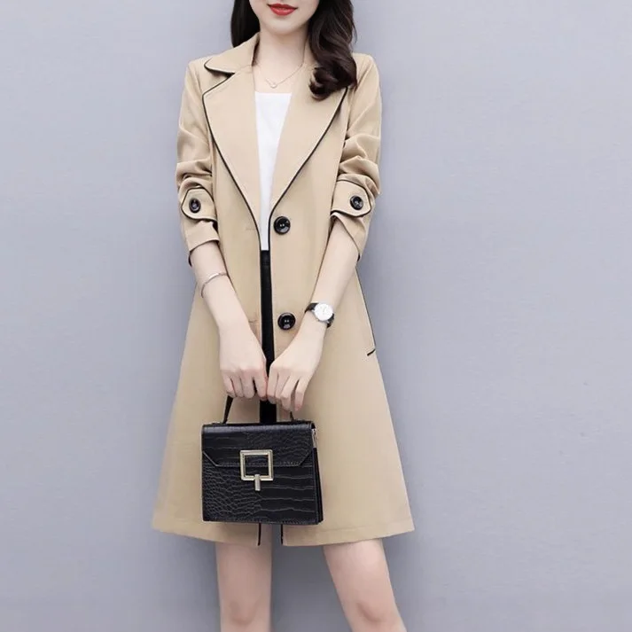 

Korean Autumn Khaki Single-breasted Long Coats Women Lapel Sash Loose Trench Streetwear Windbreakers Office Lady Overcoats