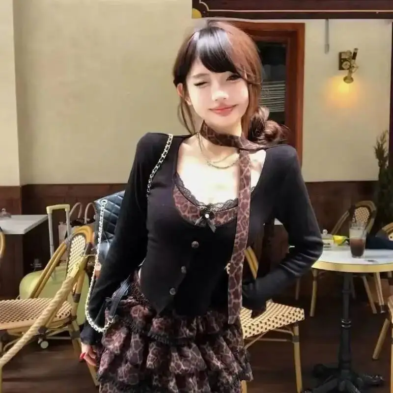 Y2k-traje nuevo Punk Retro para mujer, bufanda, Top de manga larga, faldas de pastel adelgazantes de cintura alta, conjunto de dos piezas