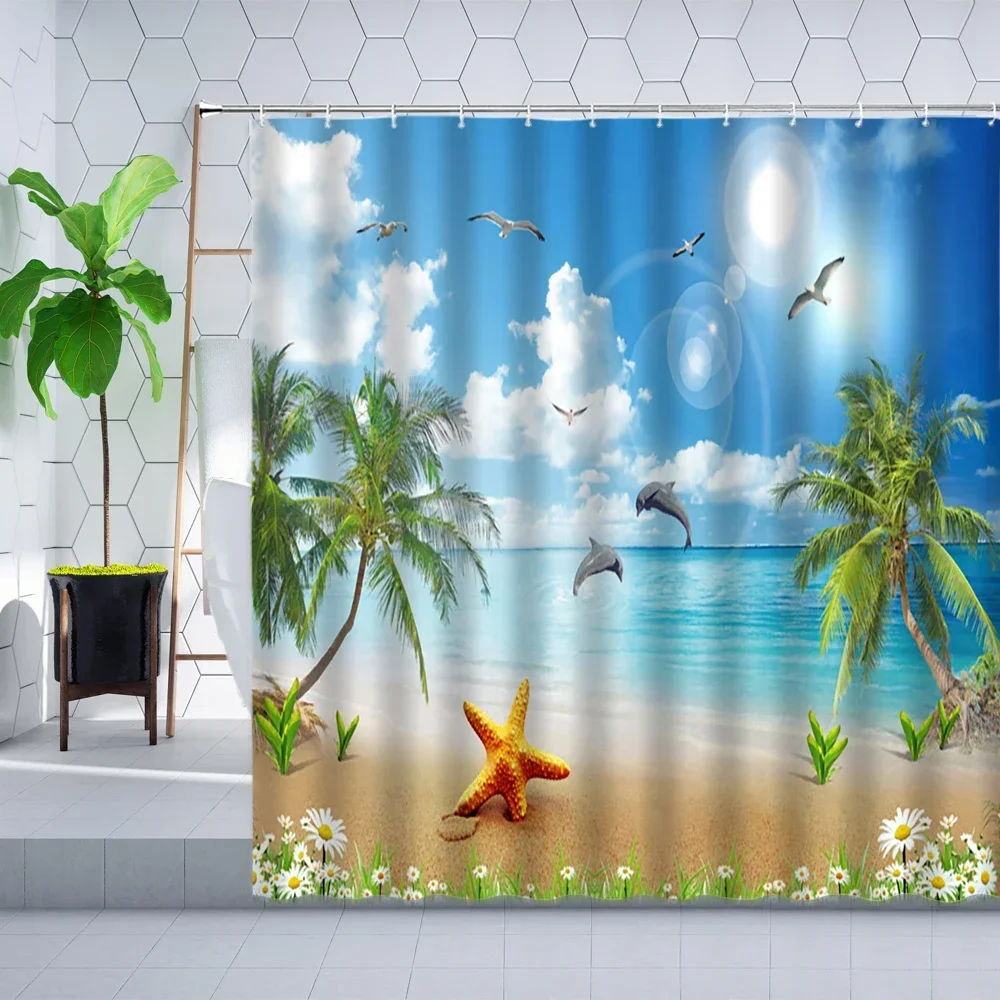 Summer Sea Beach landscape Shower Curtain Palm Tree Dolphins Seagull Sailing Ocean Scenery Bathroom Decor Polyester Curtains Set