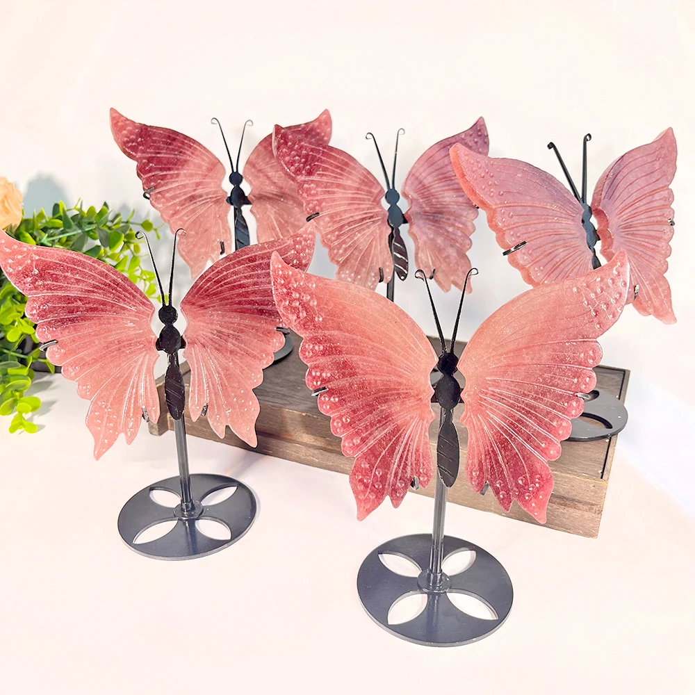 1PC Natural Strawberry Quartz Butterfly Wings Ornament Wedding Favor Souvenir Rebirth Transform Symbolic Healing Gemstone