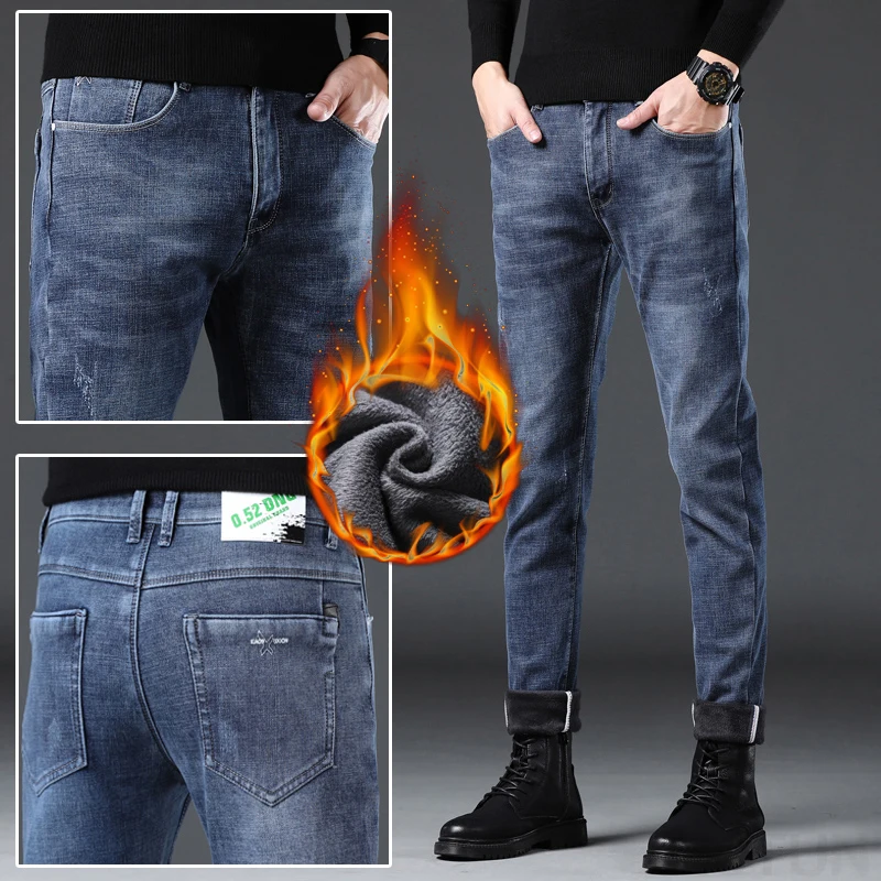 Celana Jeans Fleece KSTUN Pria Musim Dingin, Celana Denim Slim Fit Kasual Hangat, Celana Pensil Streetwear Musim Gugur Musim Dingin, Celana Skinny Biru