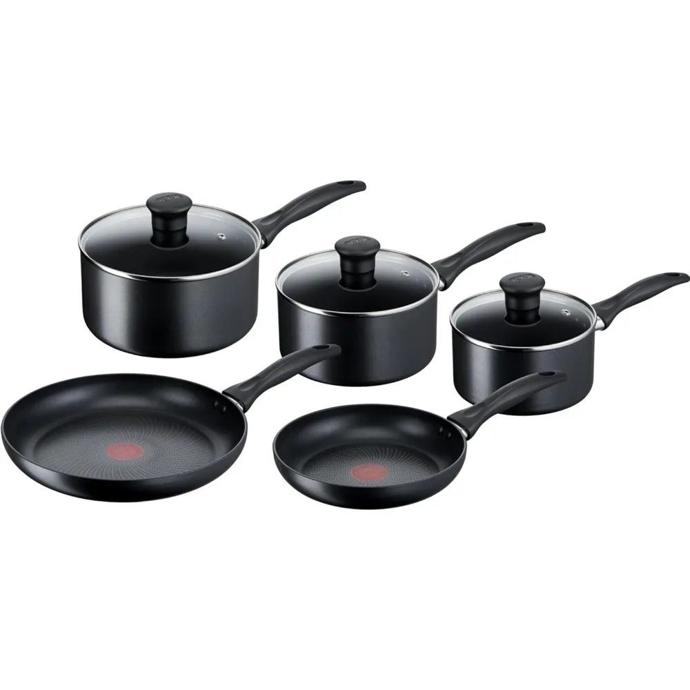 Tefal Juego de utensilios de cocina de 5 piezas con revestimiento antiadherente de inducción, cacerolas de 16/18/20 cm + sartenes de 22/26 cm, señal térmica, tapas de vidrio,