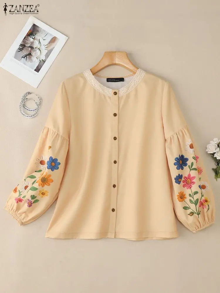 2025年秋 花柄プリントシャツ ZANZEA レディース カジュアル Oネック 長袖トップス レーストリムブラウス ヴィンテージ風ワークブラウス オーバーサイズ