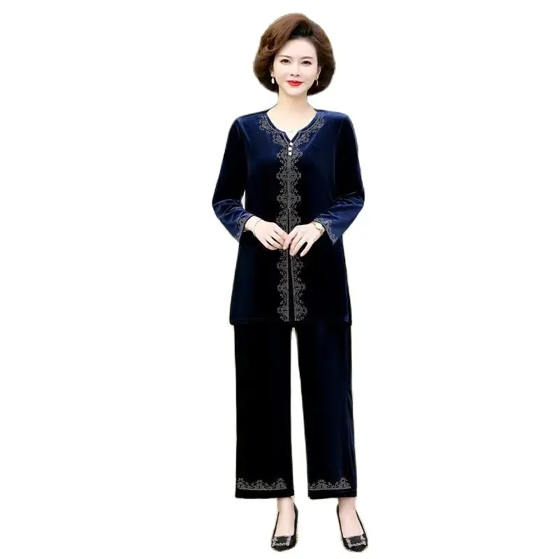 

Middle-aged Women Pants Suit 2022 Autumn Large Size Long Sleeve Tops + Trousers 2PCS Female Fashion Elegant Pants Set