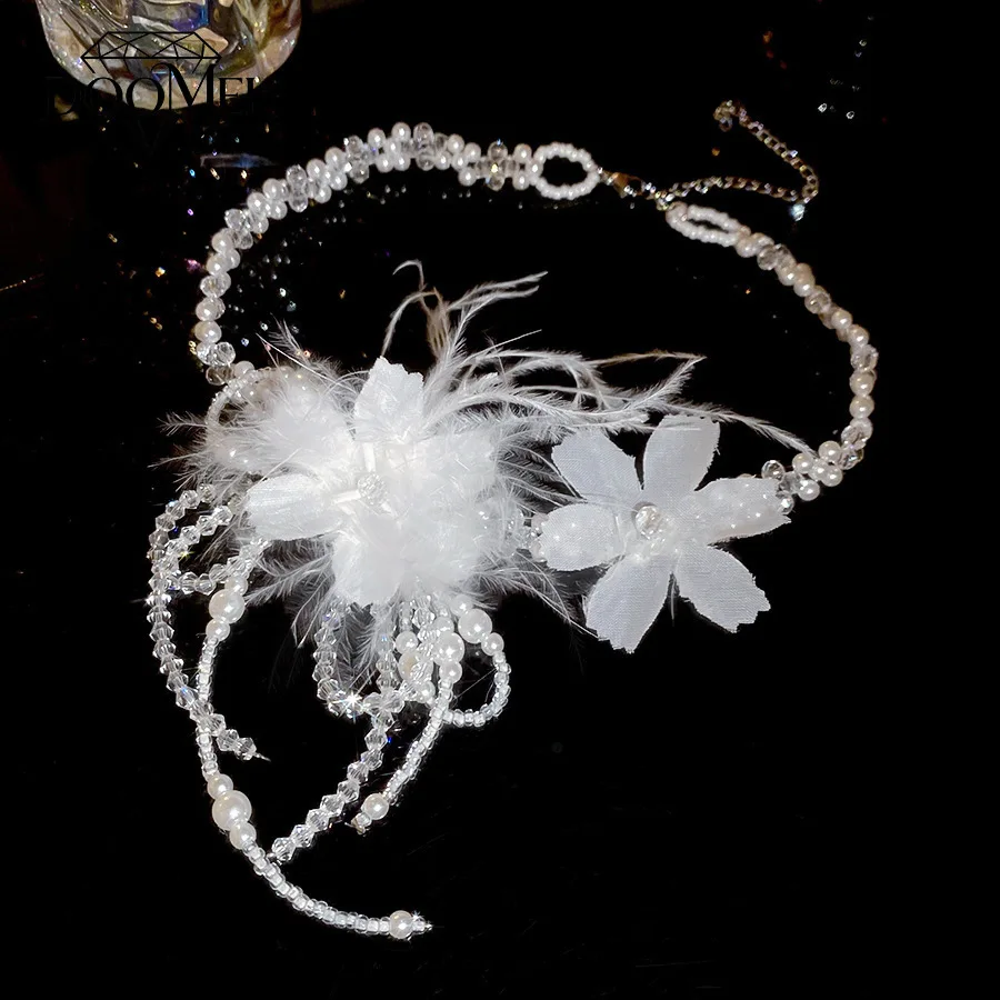DOO MEI Elegant White Fabric Flower Necklace for Women Sparkling Feather Imitation Pearl Beaded Necklace Wedding Party Jewelry