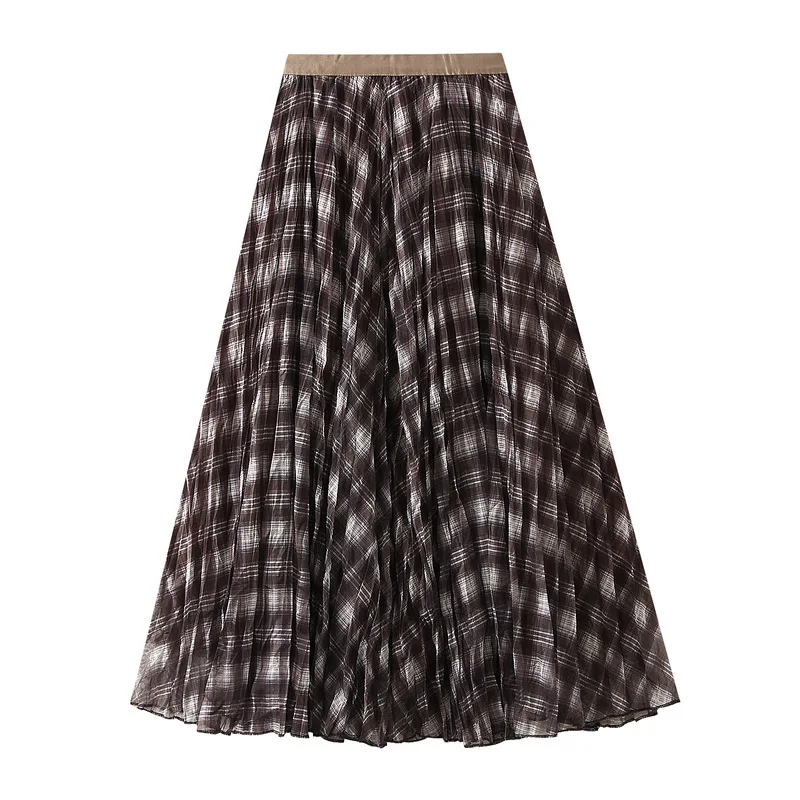 

Women Spring Autumn Plaid Pleated Long Skirt Female Fashion High Waist A-line Elegant Vintage Casual Skirts