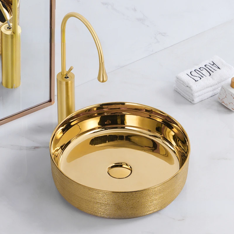 

Shaped Ceramic Bathroom Sinks European Wash Basin home Round Bathroom fixtures Balcony Golden Washing Sinks Vanity Bathroom Sink