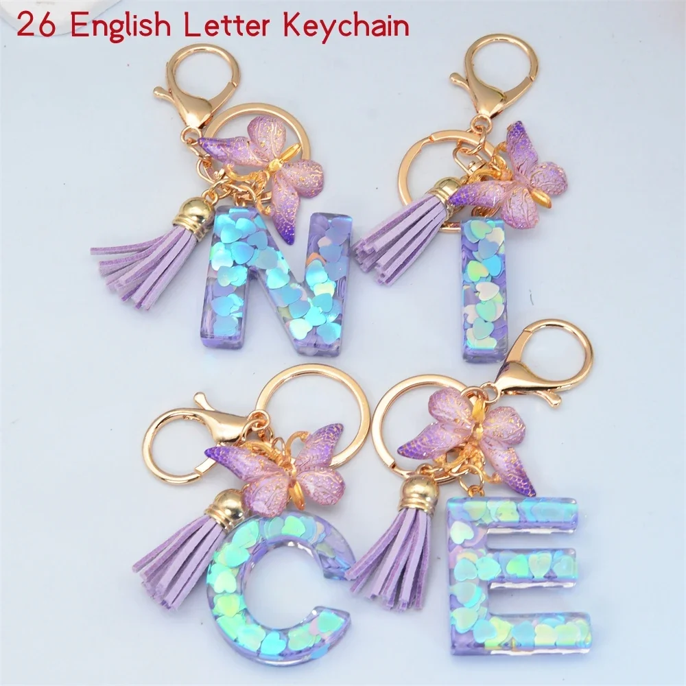 Creative Purple Love Sequins Initial Pendant Keychain Women's Accessories Gift Butterfly Tassel Charms Bag Ornaments Car Trinket